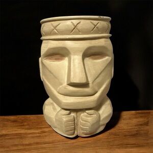 Vintage Tiki Hawaiian Carved Stoneware Cocktail Mug Cup Light Tan 4.5"